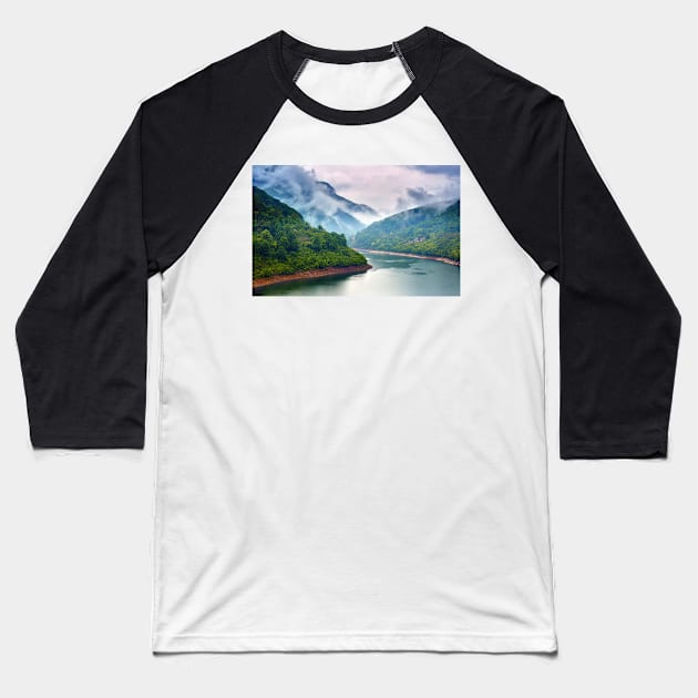 Lake in the mountains on a foggy day Baseball T-Shirt by naturalis